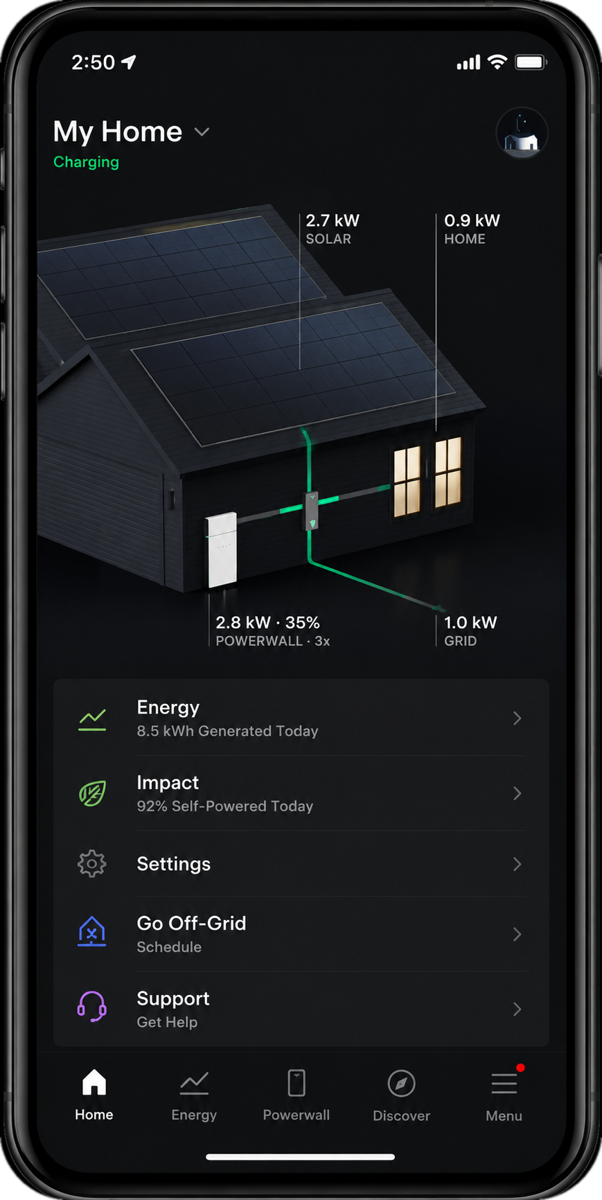 The Tesla app showing solar production, Powerwall charge and home use