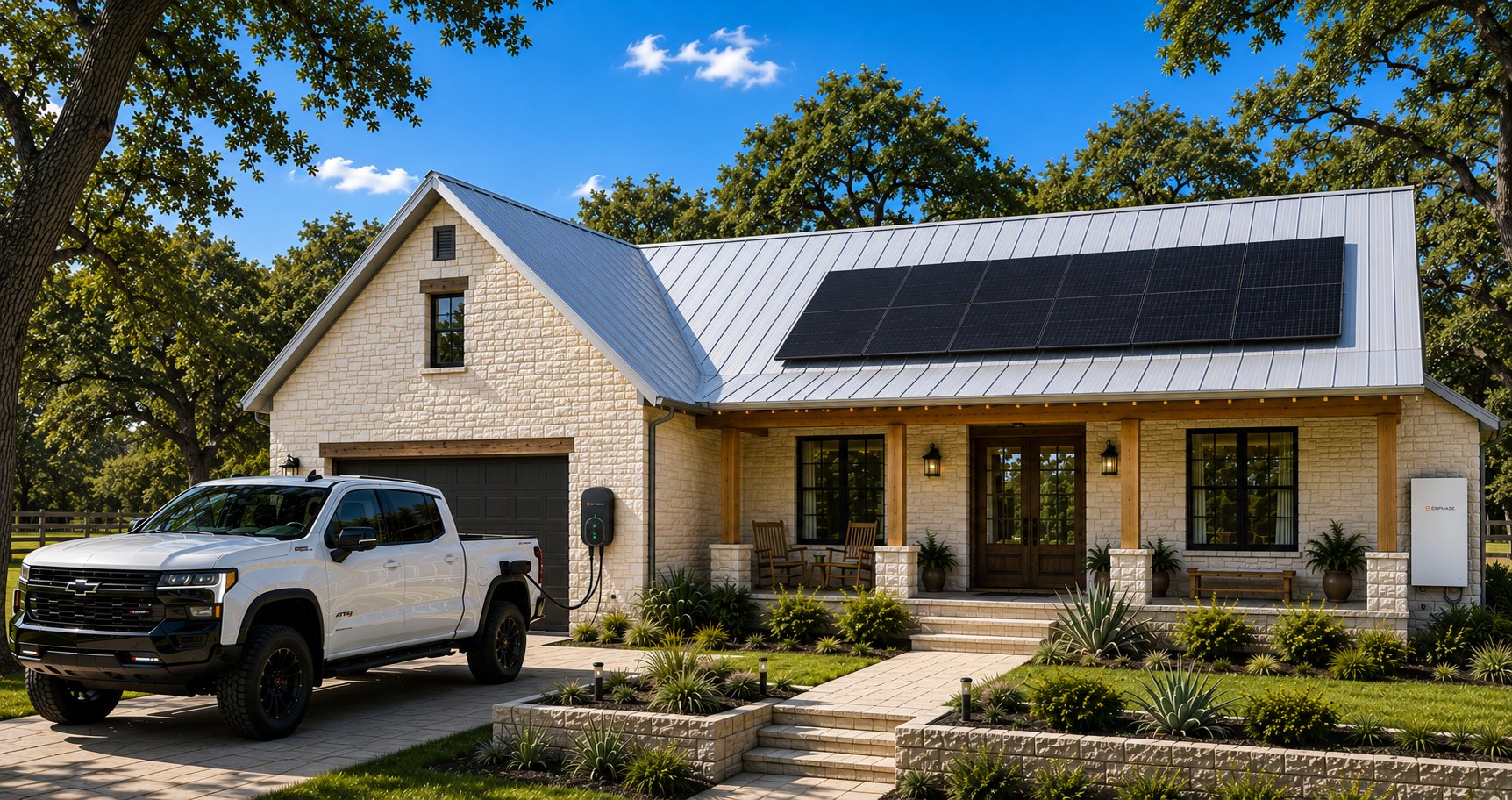A Texas Hill Country home with rooftop solar panels, an Enphase IQ Battery on the wall, an IQ EV Charger and an electric truck charging in the driveway