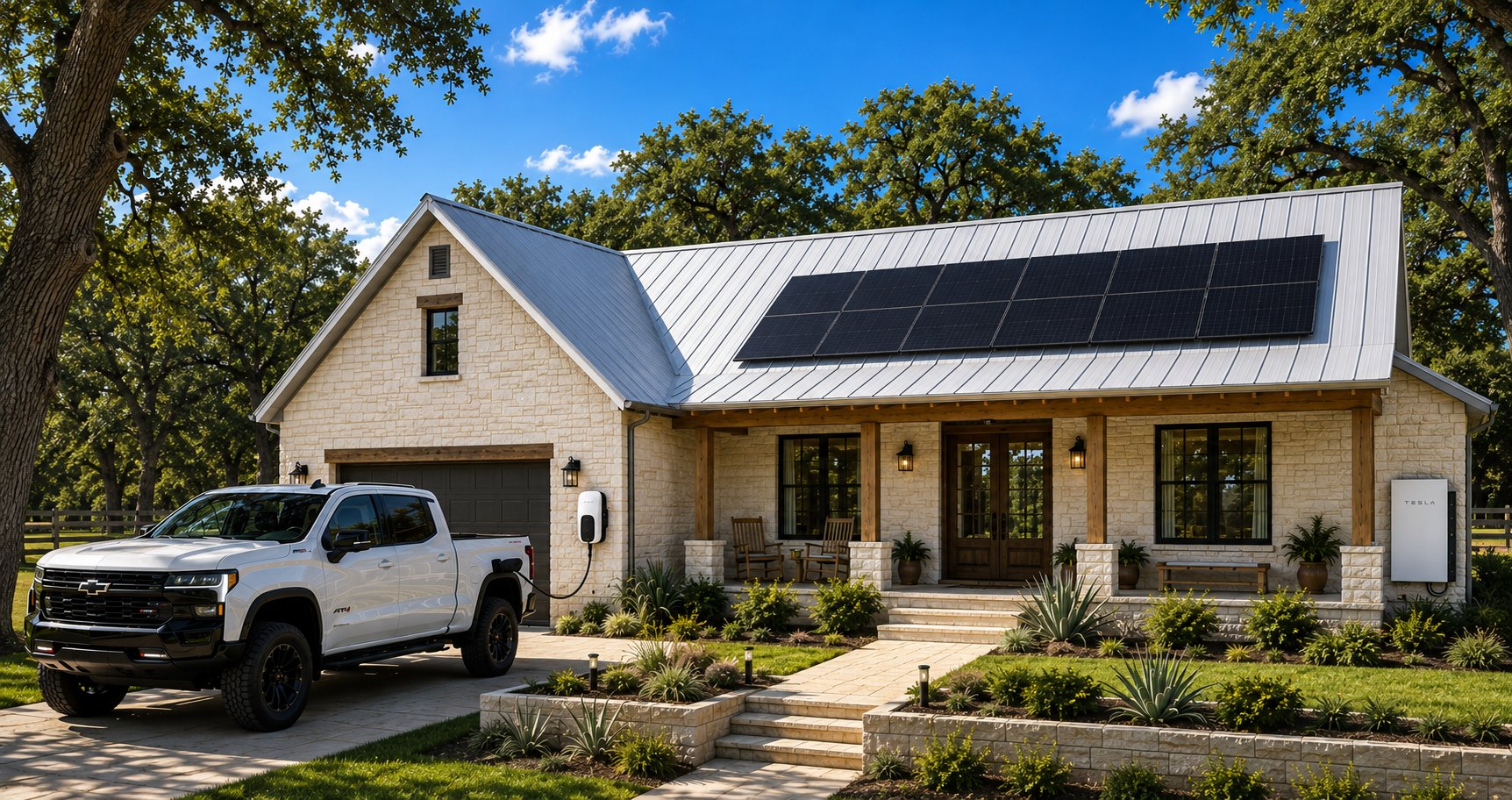 A Texas Hill Country home with rooftop solar panels, a Powerwall on the wall, an EV charger and an electric truck charging in the driveway
