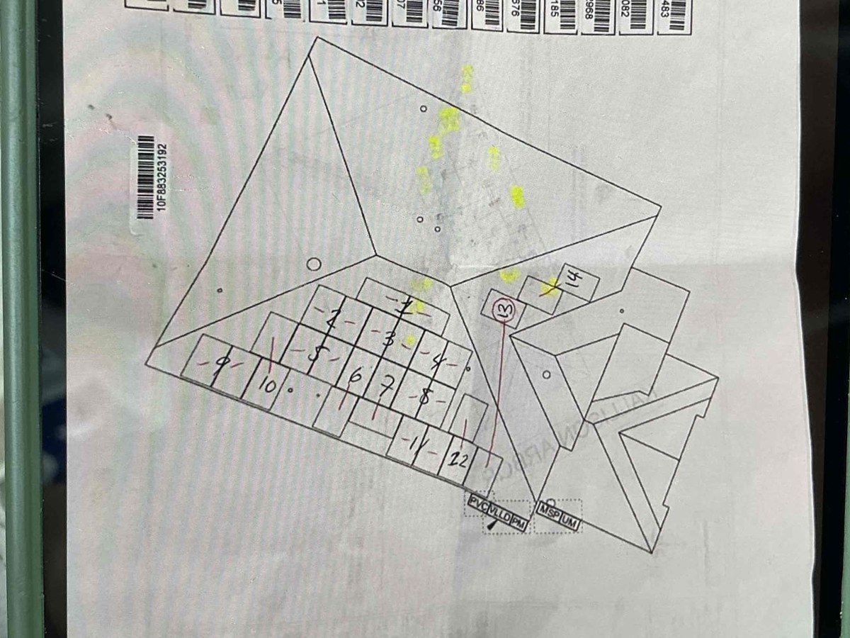 Roof plan documenting panel positions and equipment serial numbers for a solar inspection report
