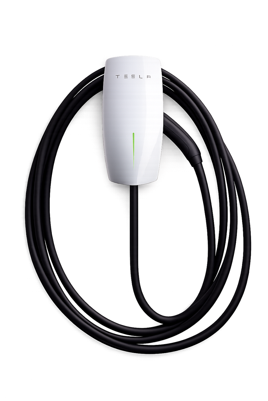 Tesla Wall Connector with its charging cable coiled beside it